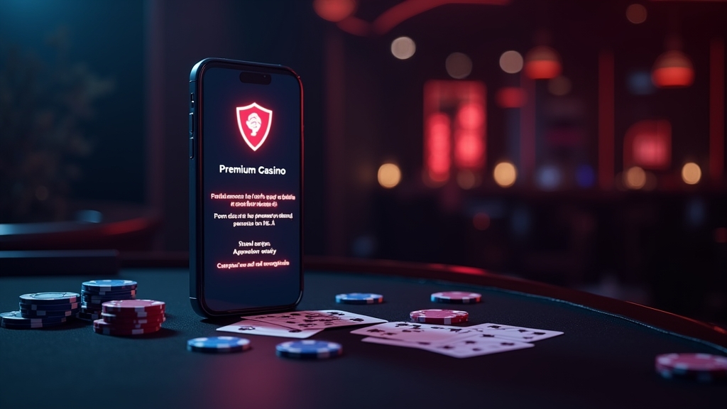 Móvil con avisos de actualización y permisos de la app de casino en un entorno oscuro