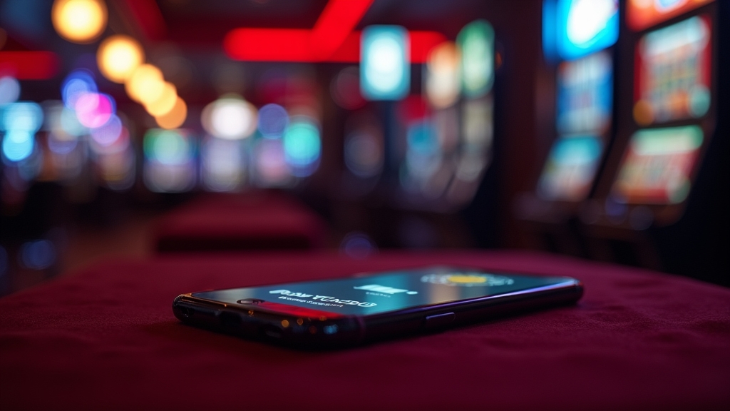 Teléfono con descarga APK de la app de casino en un ambiente de casino oscuro