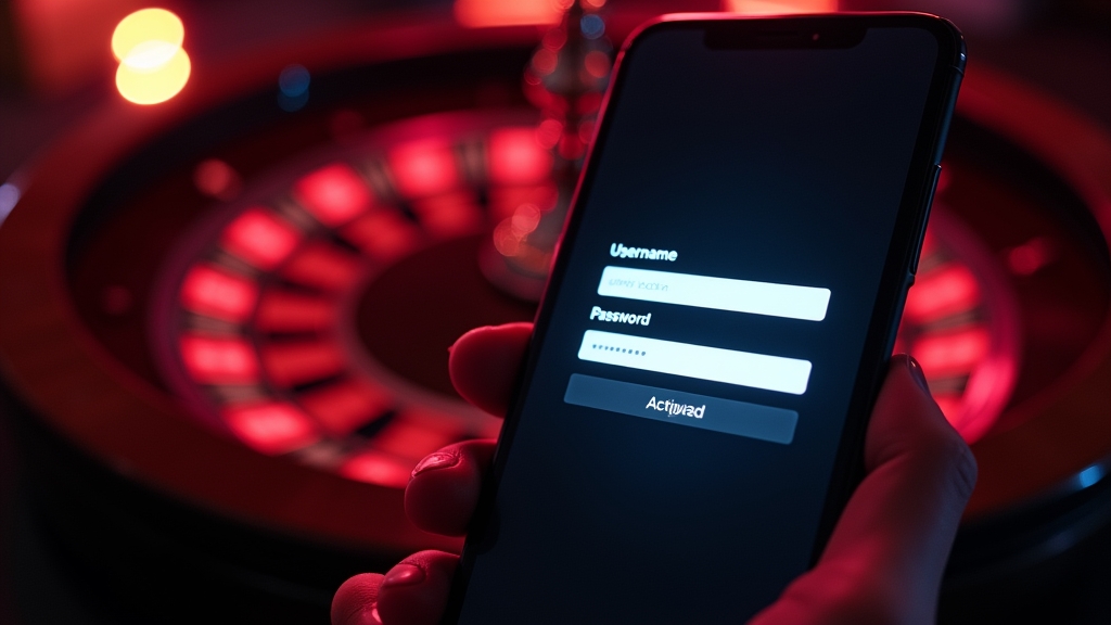 Pantalla de inicio de sesión de la app de casino en un ambiente elegante y oscuro
